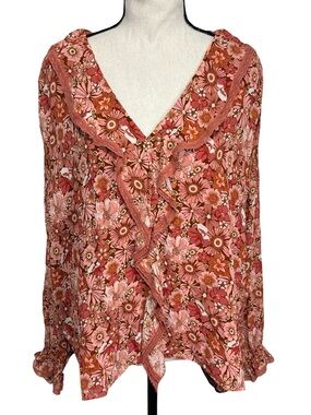 Wilfred Floral Ruffle V-Neck Blouse Pink Brown Boho Long Sleeve Size S